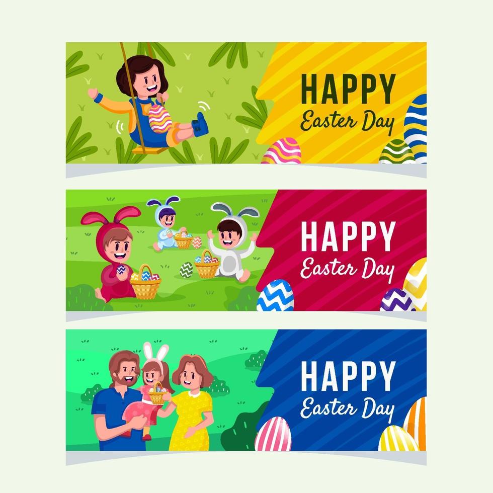 Happy People Celebrate Easter Day Banner Set vector