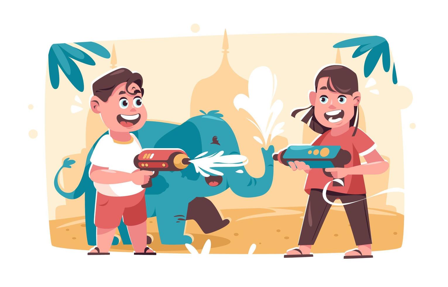 Tow Happy Kids Celebrating Thailand Songkran Festival vector