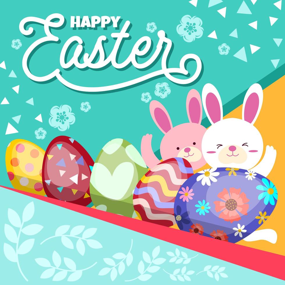 Cute Easter Eggs with two Rabbits vector