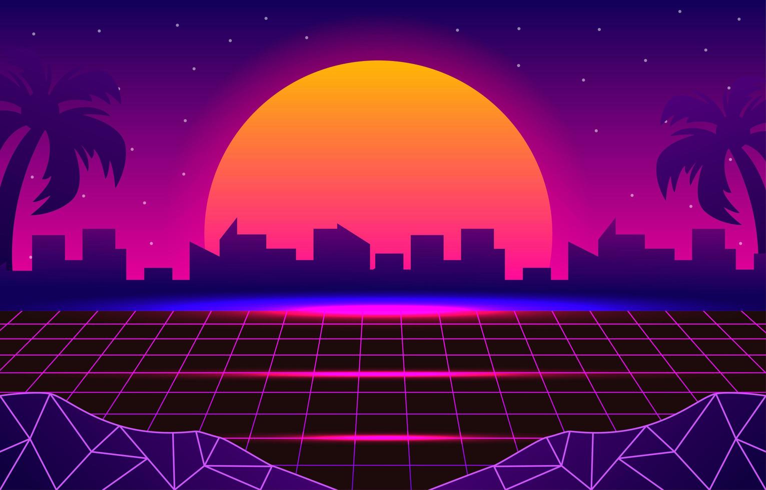 paisaje retro futurista de 1980 vector