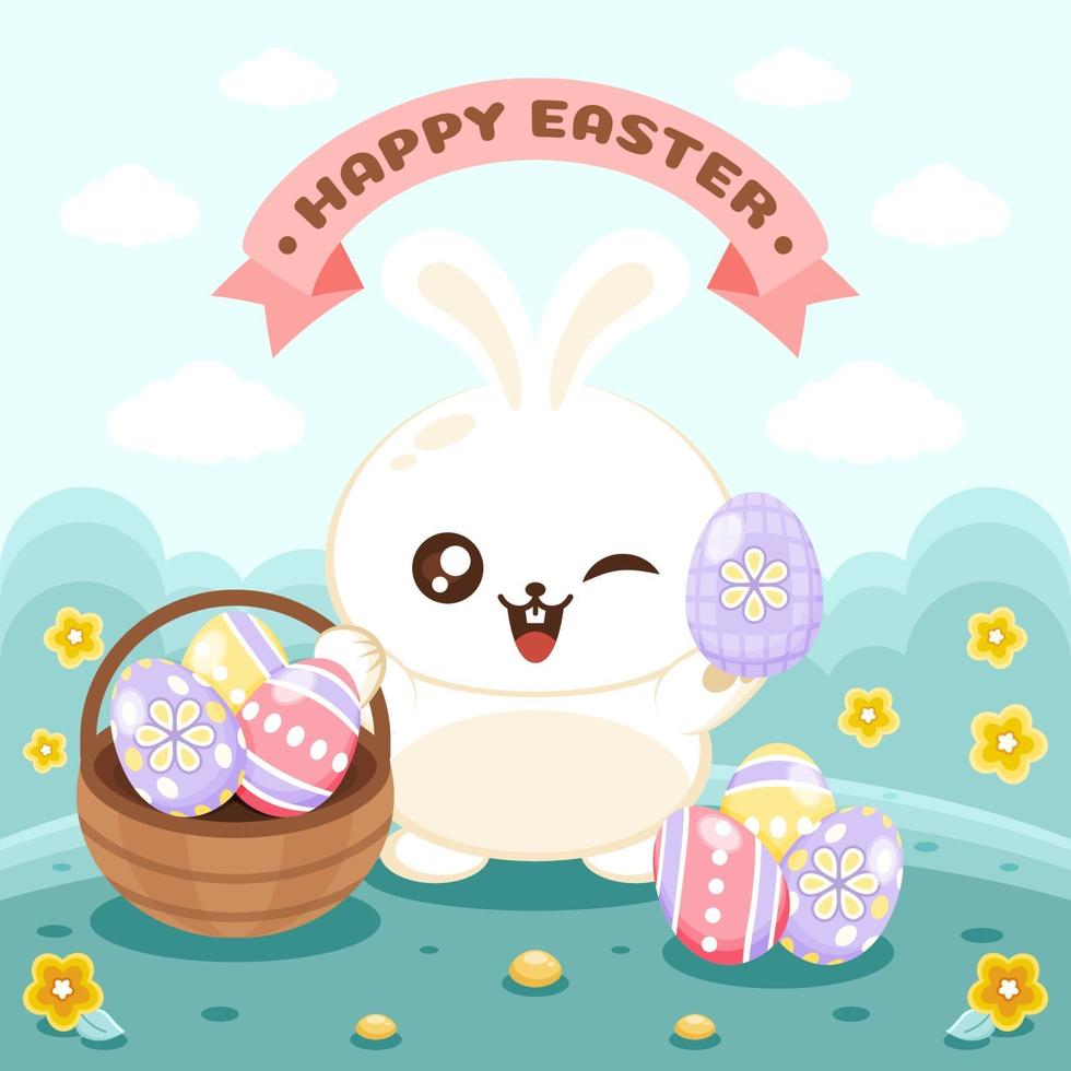 Cute Easter Rabbit with Eggs in The Basket vector