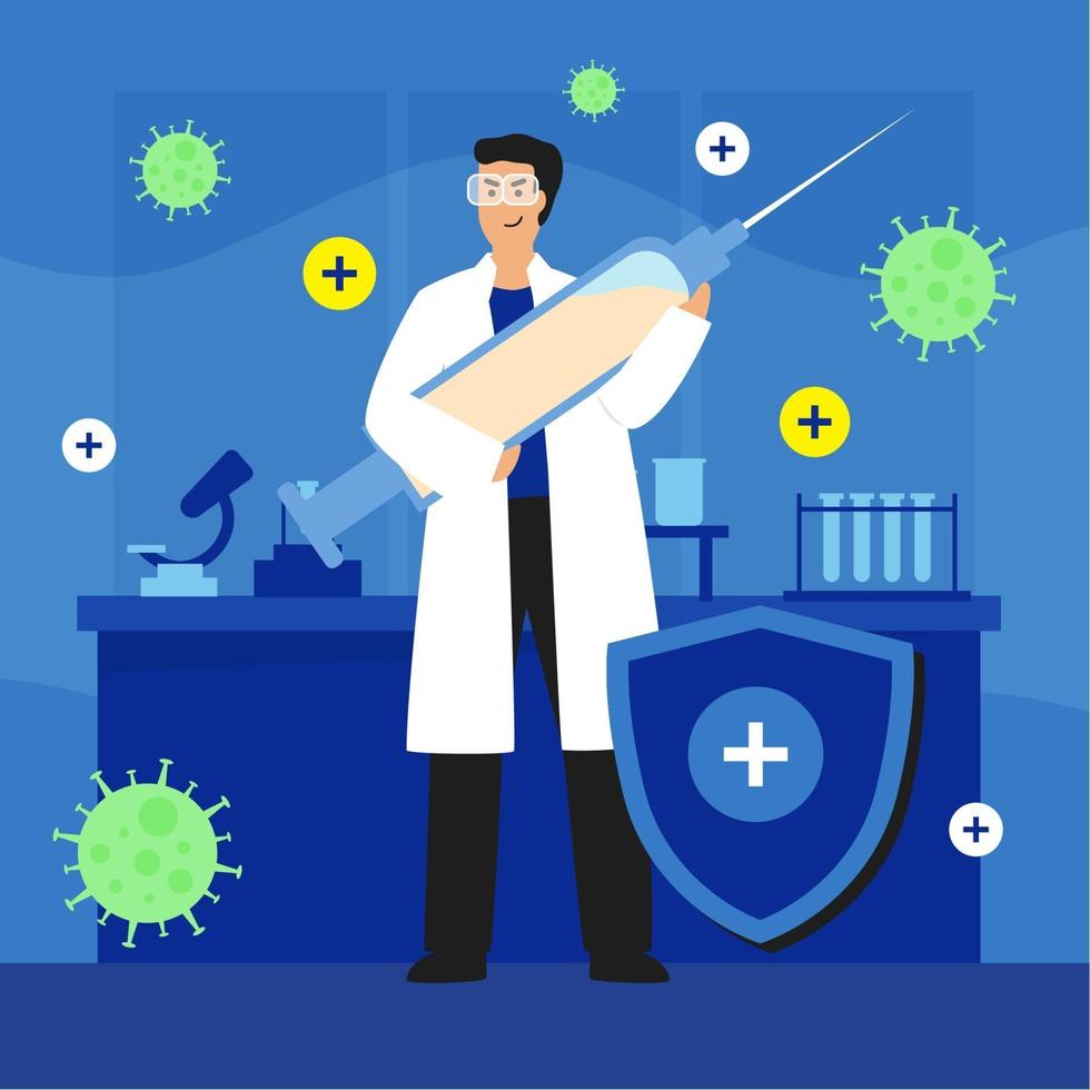 Doctor Holding a Big Injection Vaccine vector