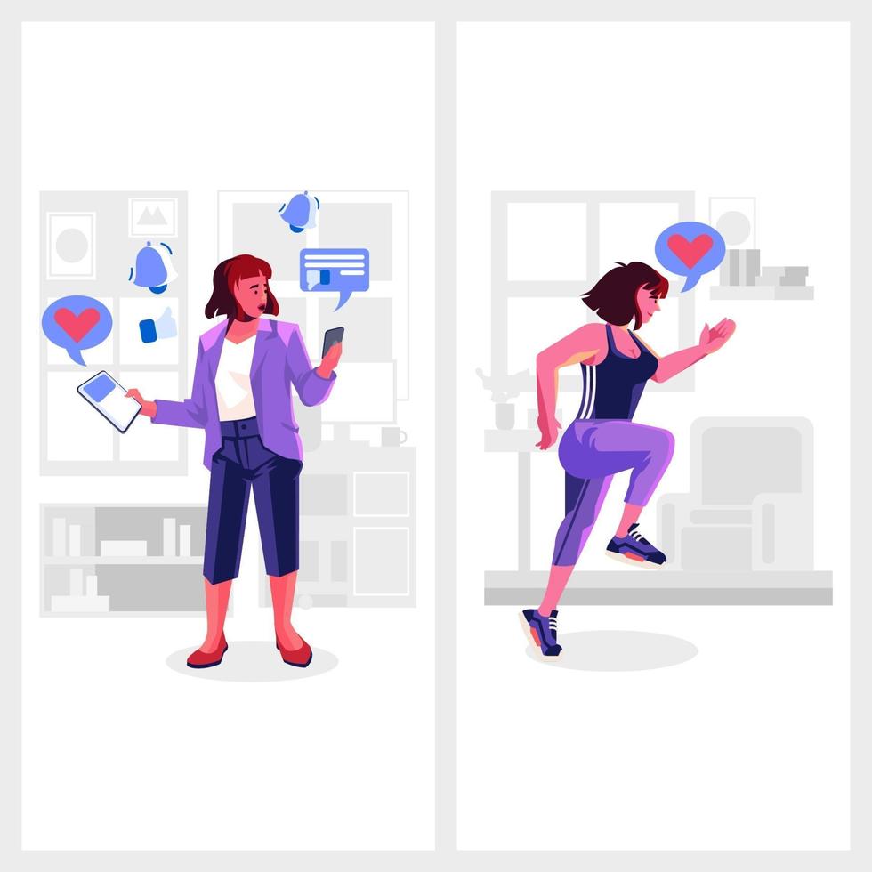 mujer en fomo vs jomo ilustración vector