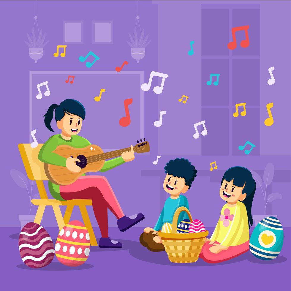 Teacher Plays Guitar Sing For Her Students In Easter Festival Concept vector