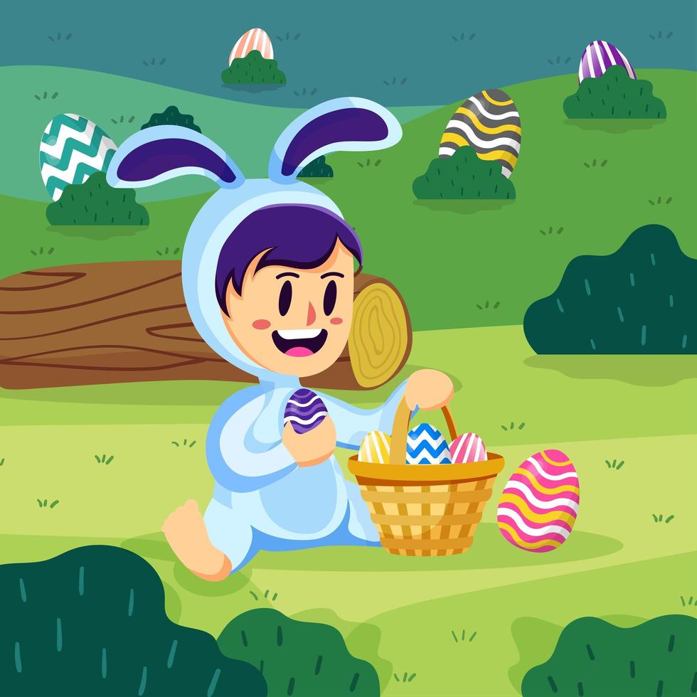 Niño viste traje de conejito de Pascua sostenga canasta de huevos en el concepto de parque vector