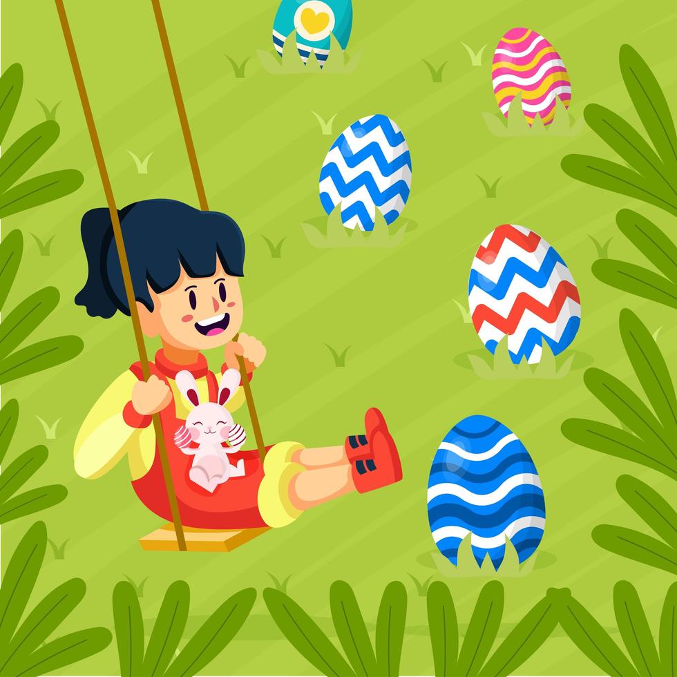 Girl Plays Swing With Her Beautiful Easter Egg Concept vector