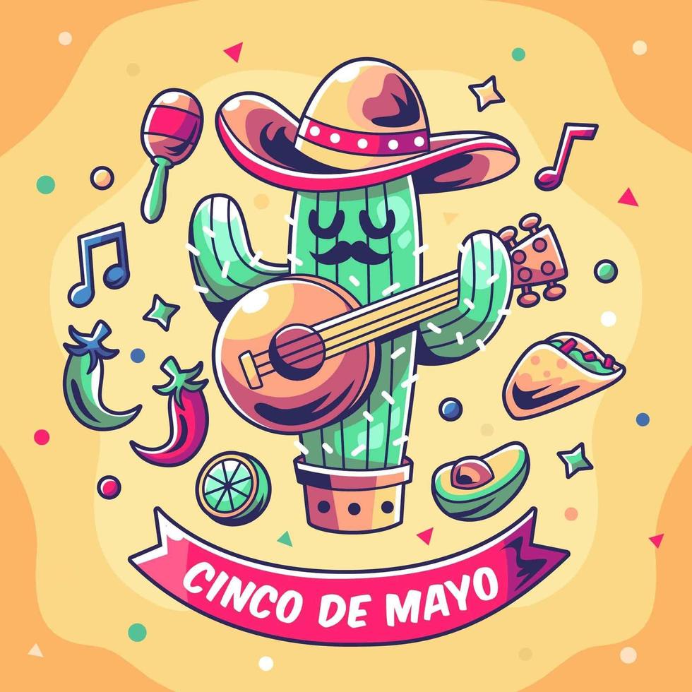 Cactus playing Guitar at cinco de mayo vector