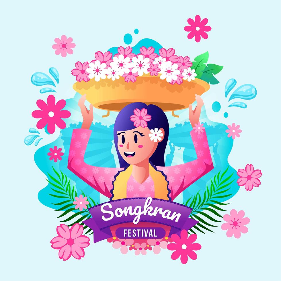 Women Hold Flower Bowl on Her Head vector