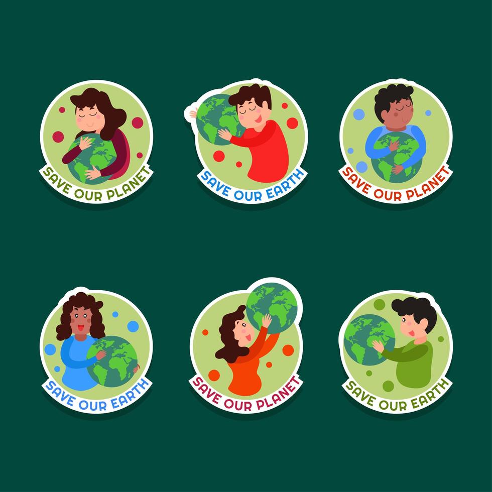 Cute Characters Earth Day Sticker Design vector
