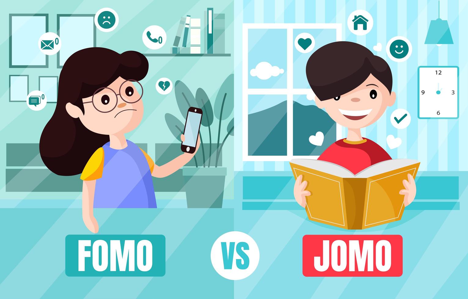 FOMO vs JOMO Fear and Joy vector