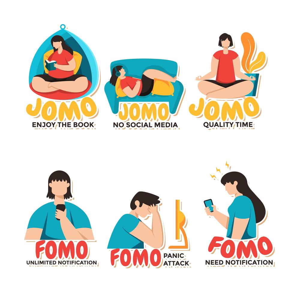 Multiple Depictions of FOMO VS JOMO vector