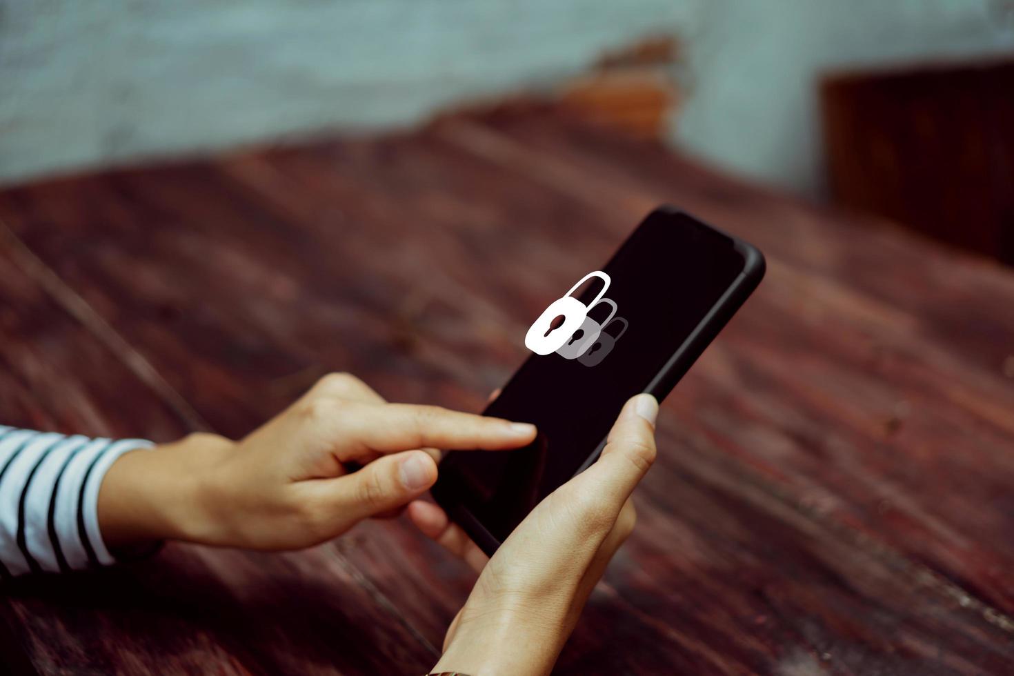 Woman using a smartphone with technology icons in the background photo