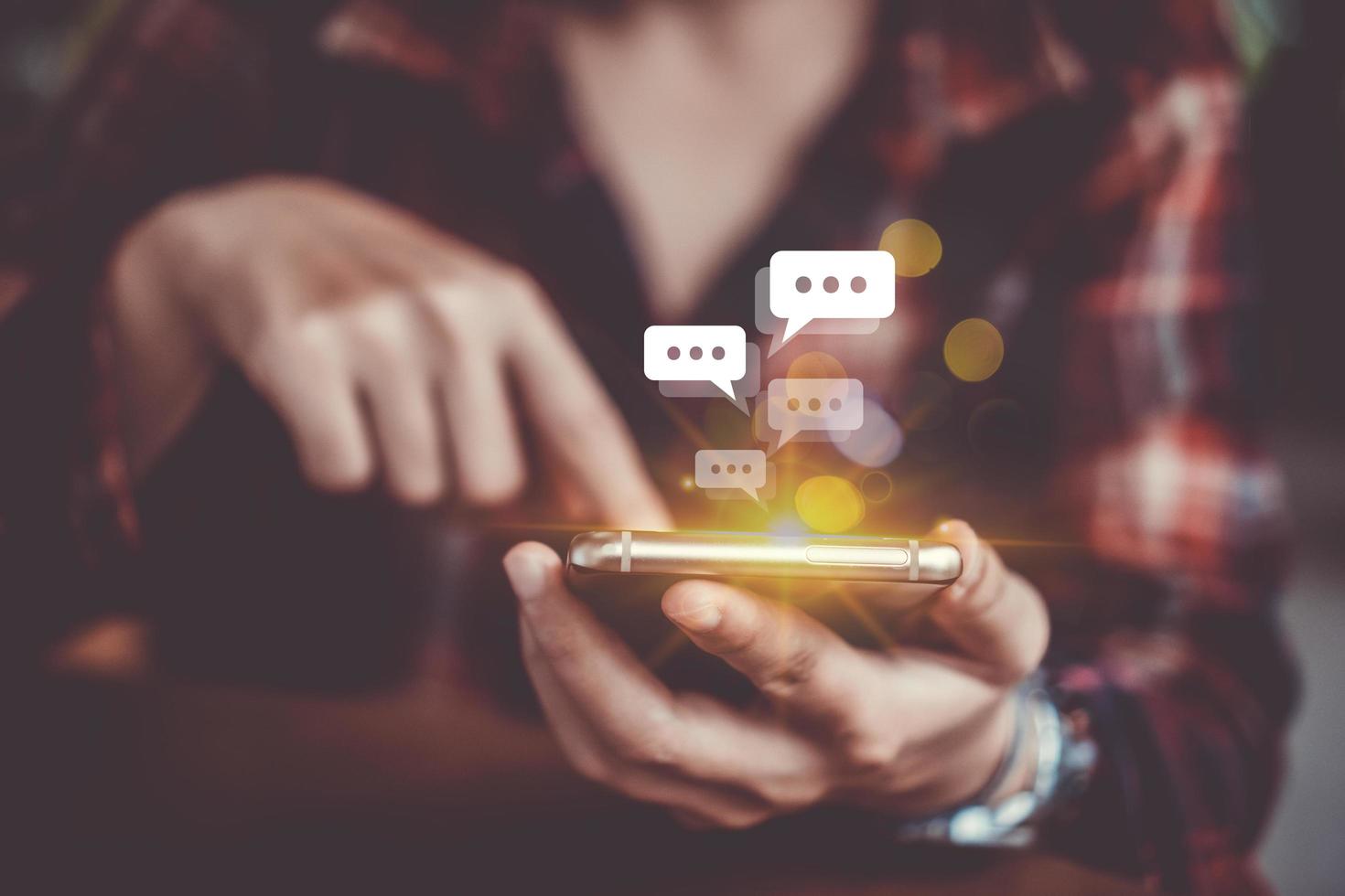 Woman using a smartphone with technology icons in the background photo