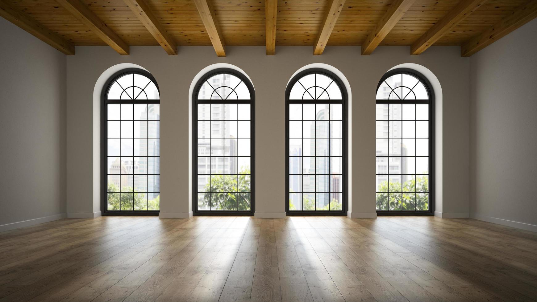 Empty loft room with arc windows in 3D rendering photo
