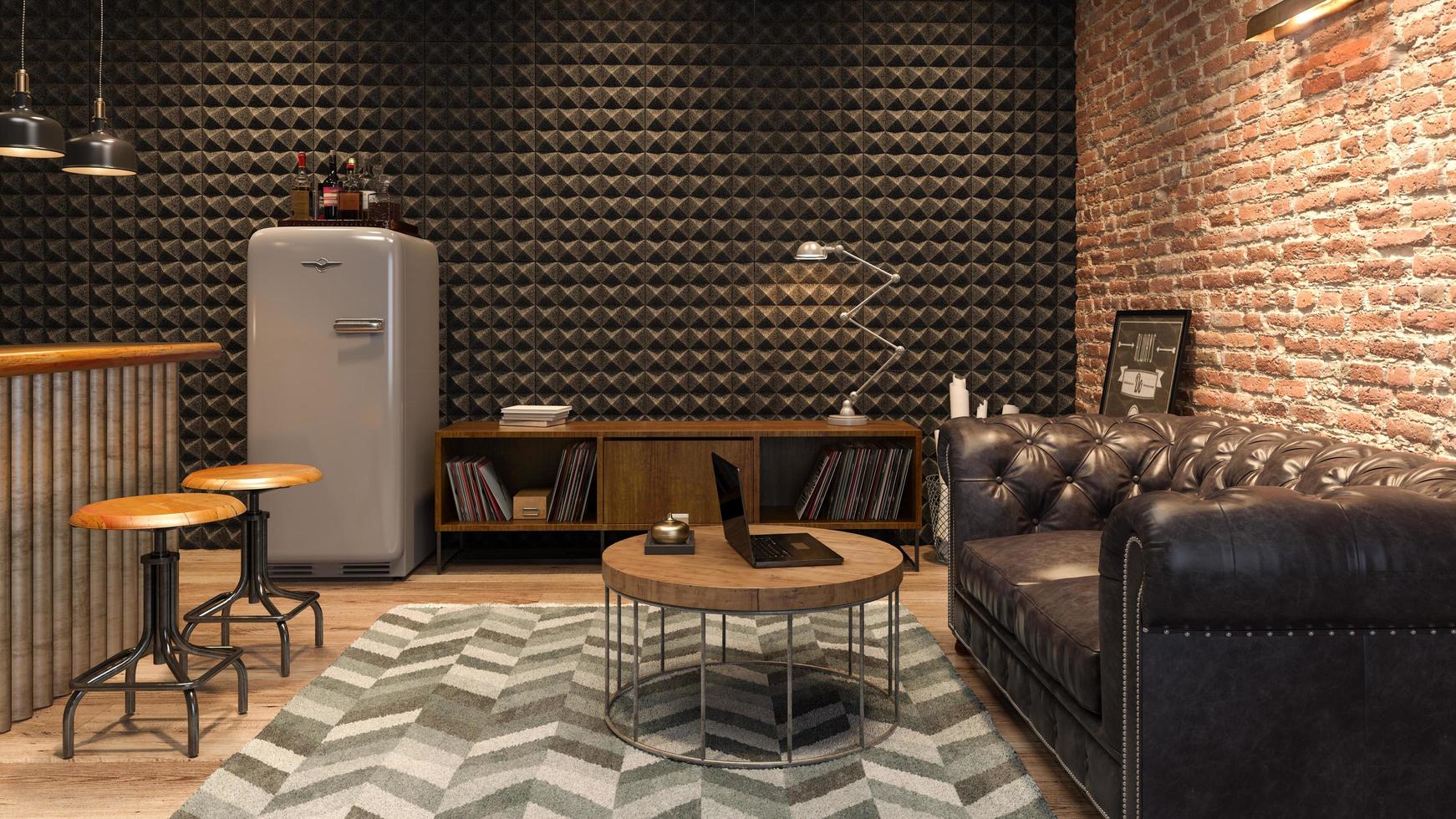 Interior de una moderna sala de estar con un bar en 3D rendering foto
