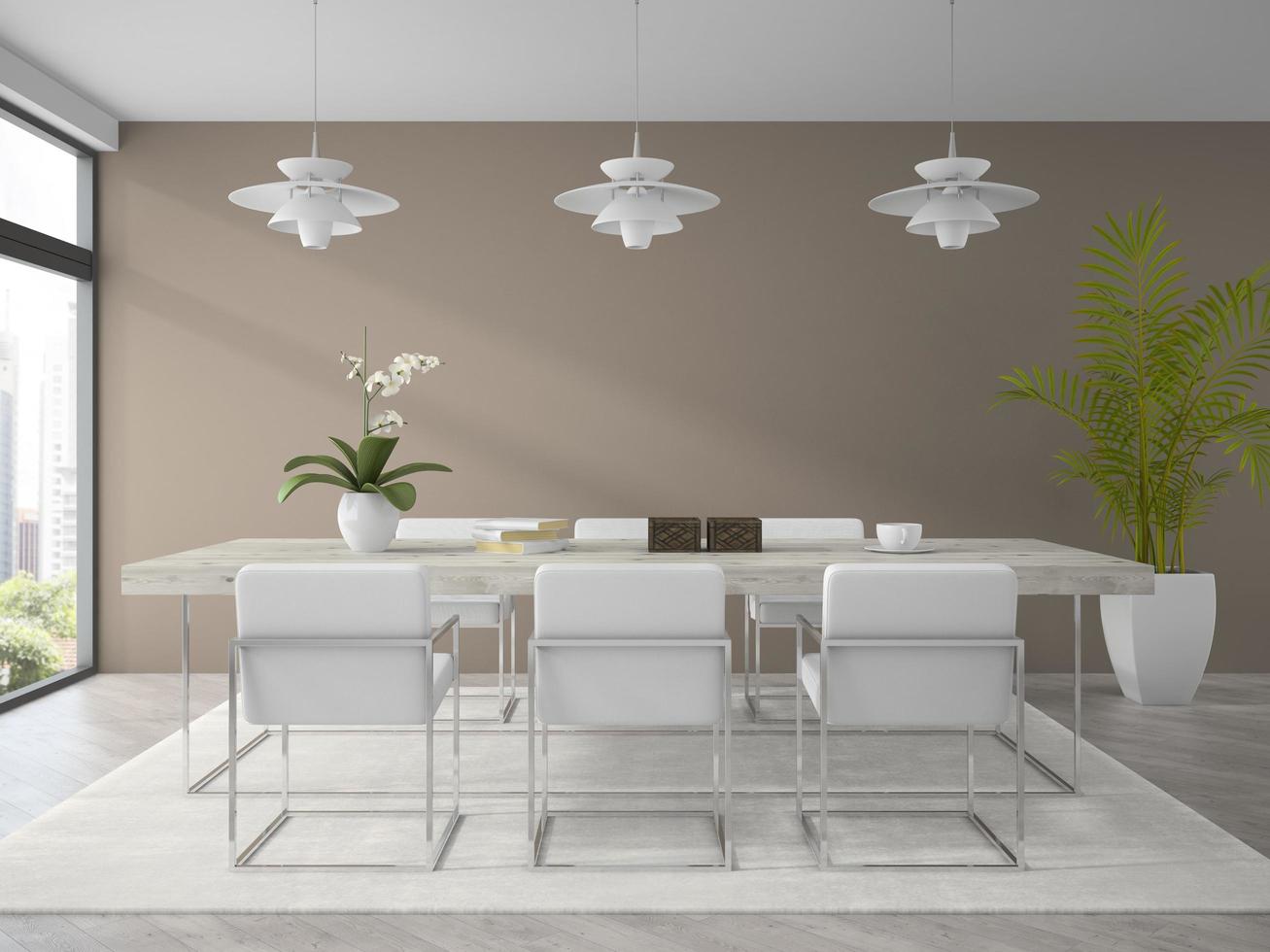 Interior of a modern design dining room with a palm plant in 3D rendering photo