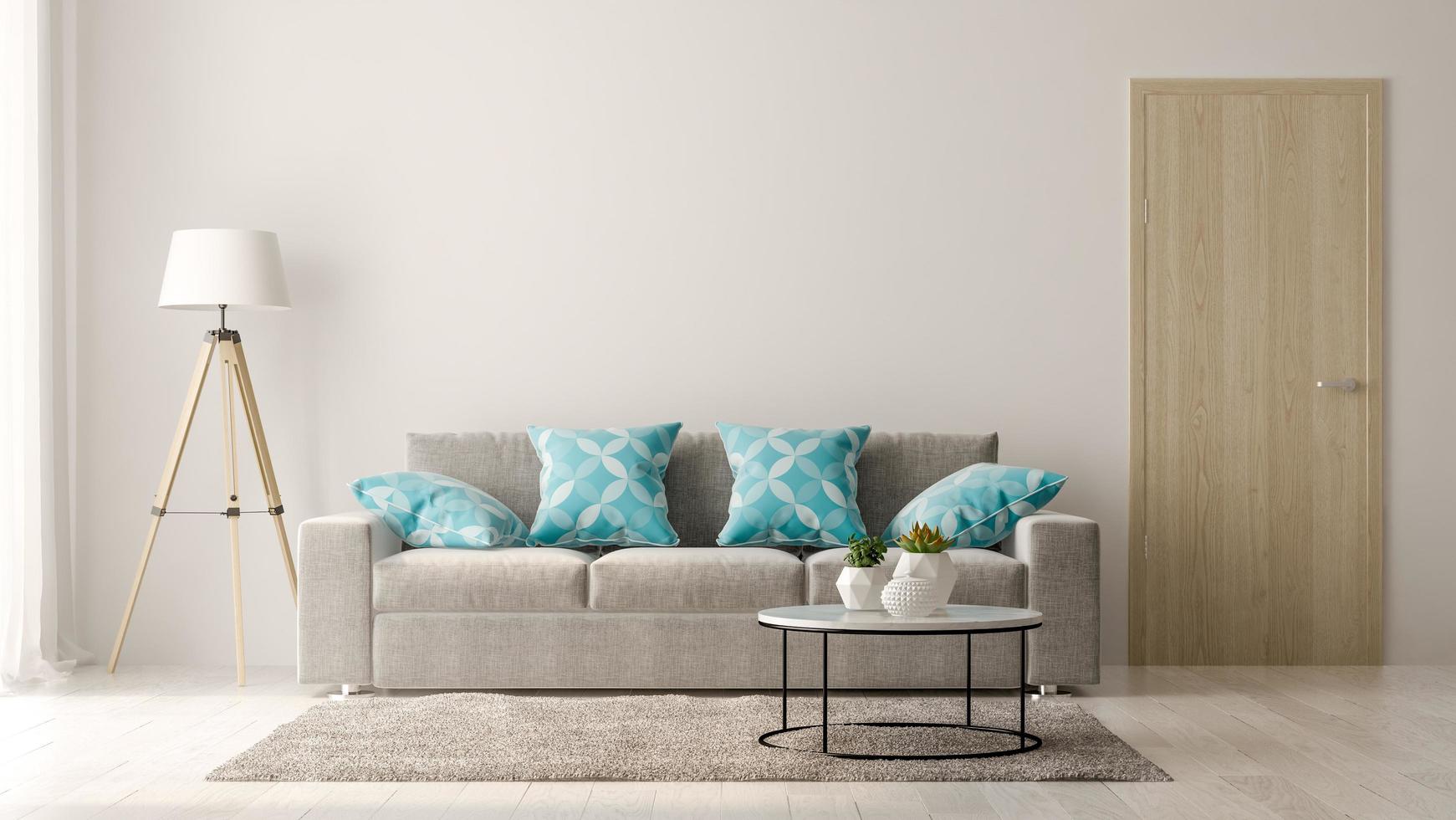 Interior de una moderna sala de estar con sofá y muebles en 3D. foto