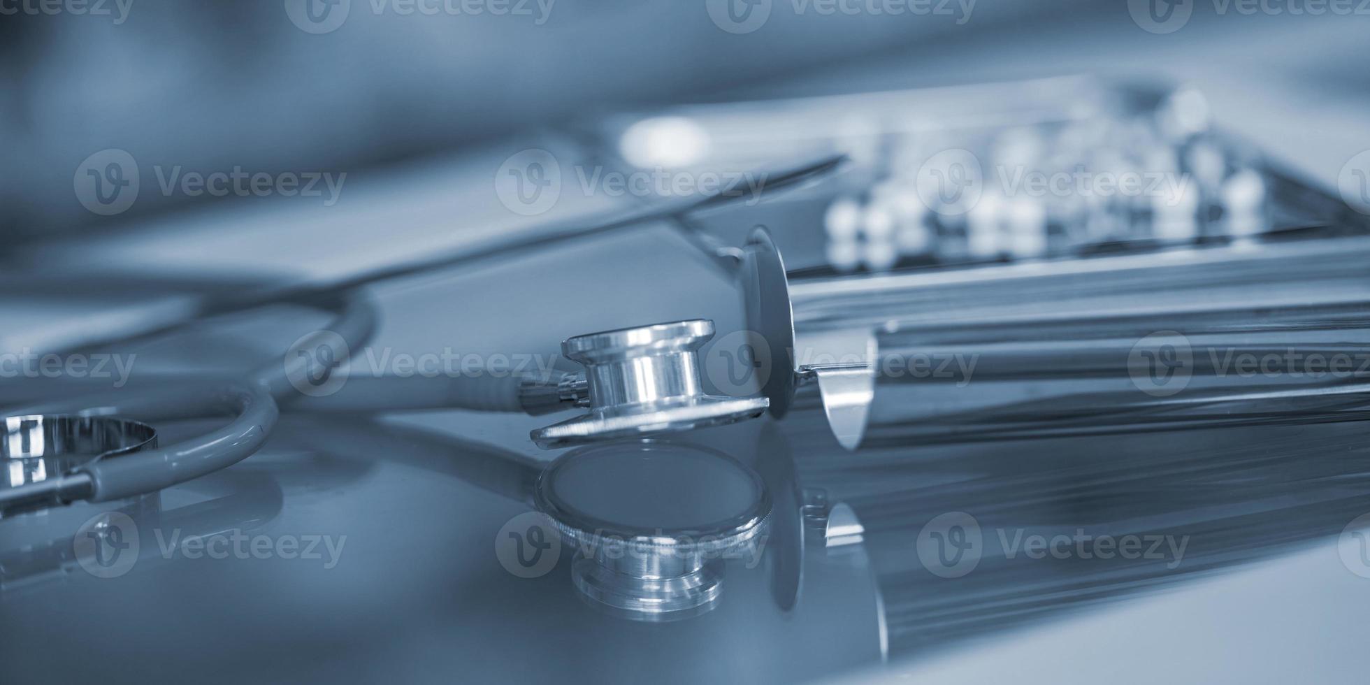 Stethoscope and medicine close-up photo