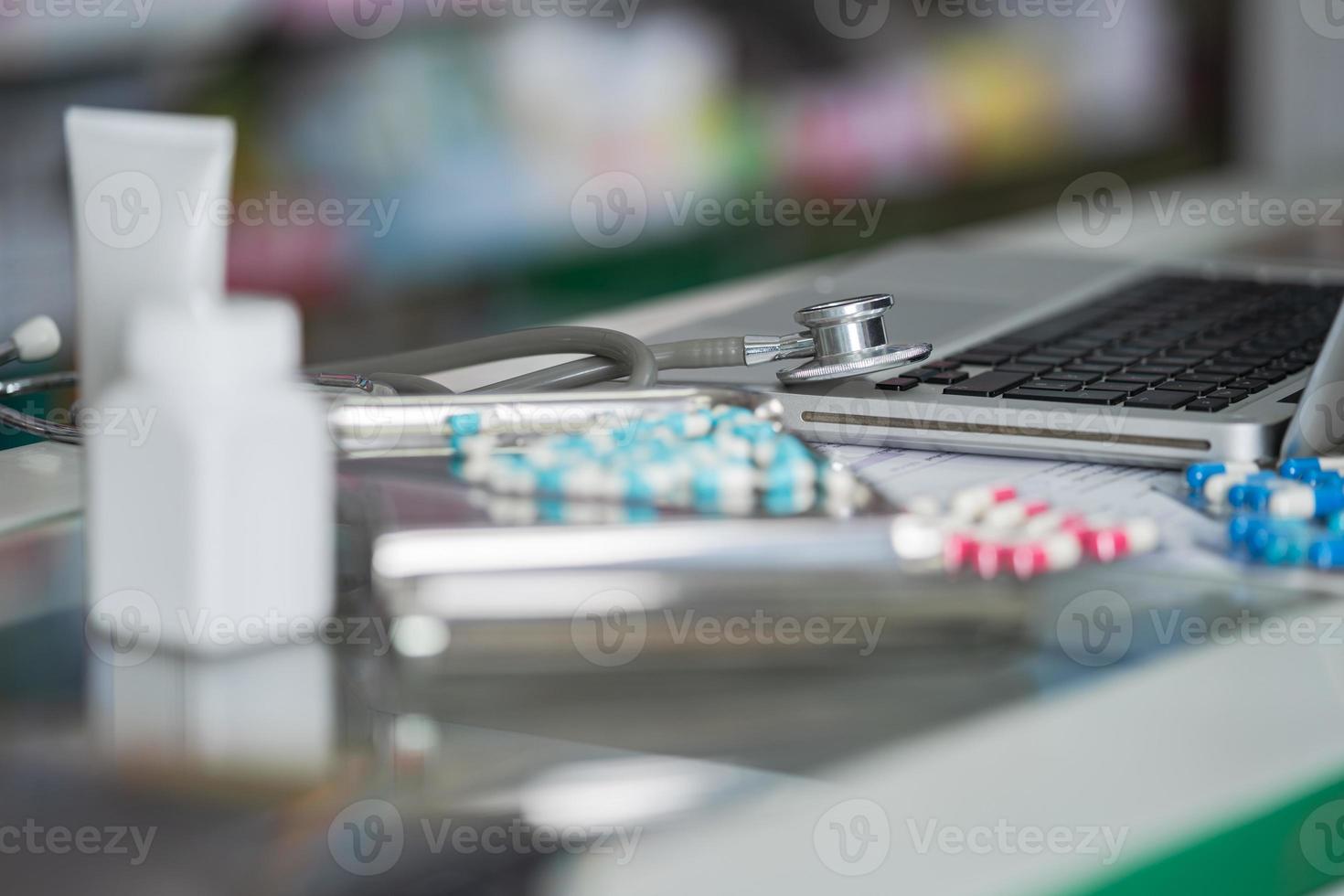 Stethoscope and medicine close-up photo