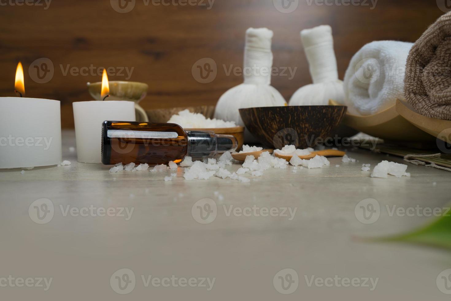 Composition of spa treatment on wooden table photo