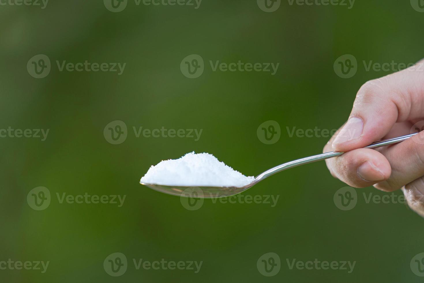 Hand is holding a spoon with monosodium glutamate on a natural background photo