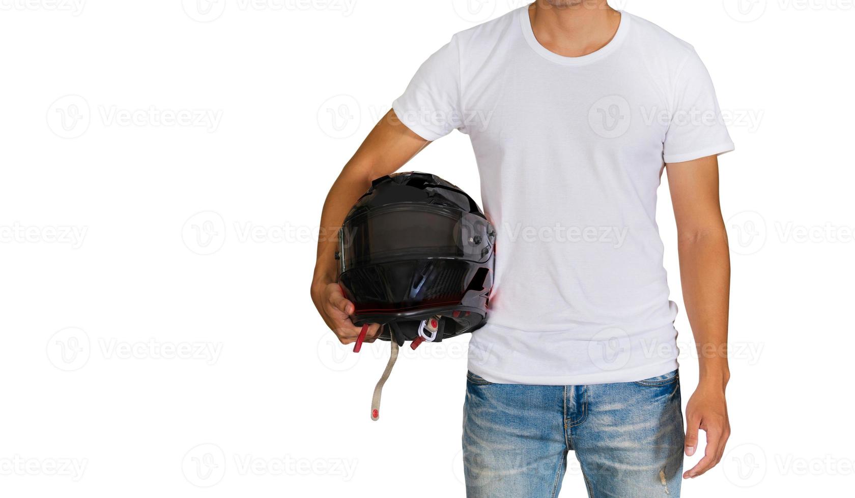 Man in white t-shirt holding a helmet photo