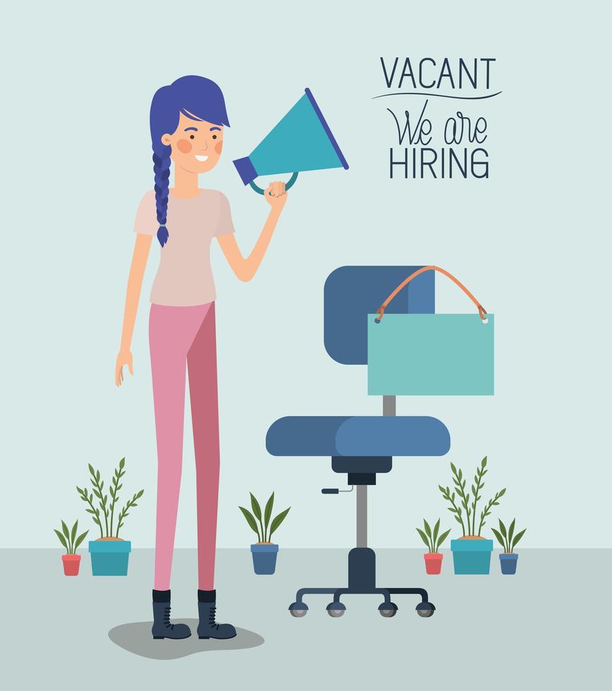 woman using megaphone with we are hiring message vector