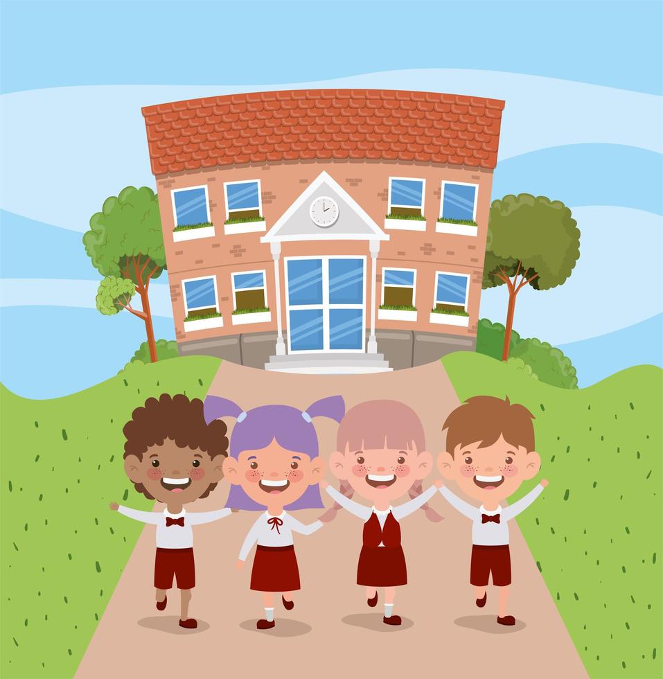 school building with interracial kids vector