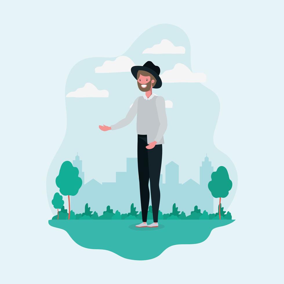 young man with beard and hat standing in the park character vector