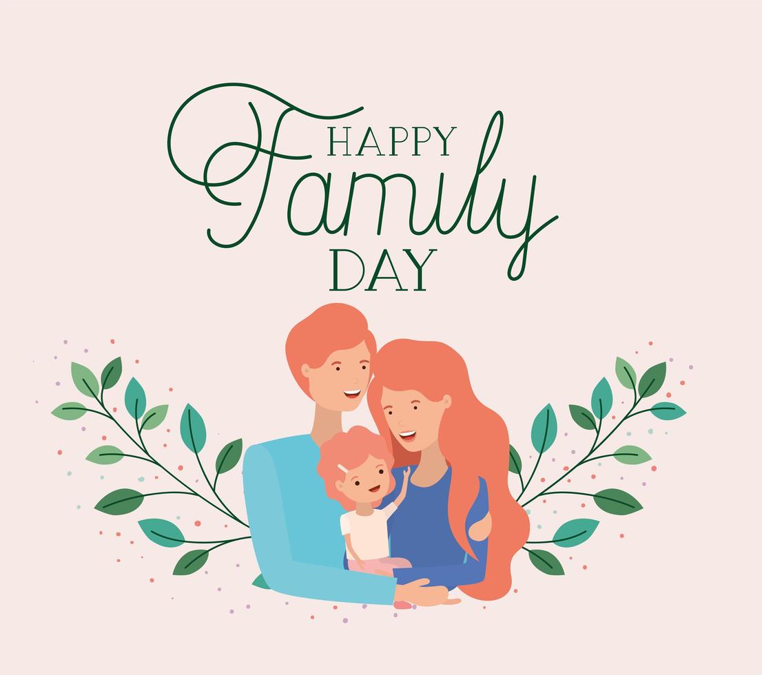 tarjeta del día de la familia con padres e hija. vector