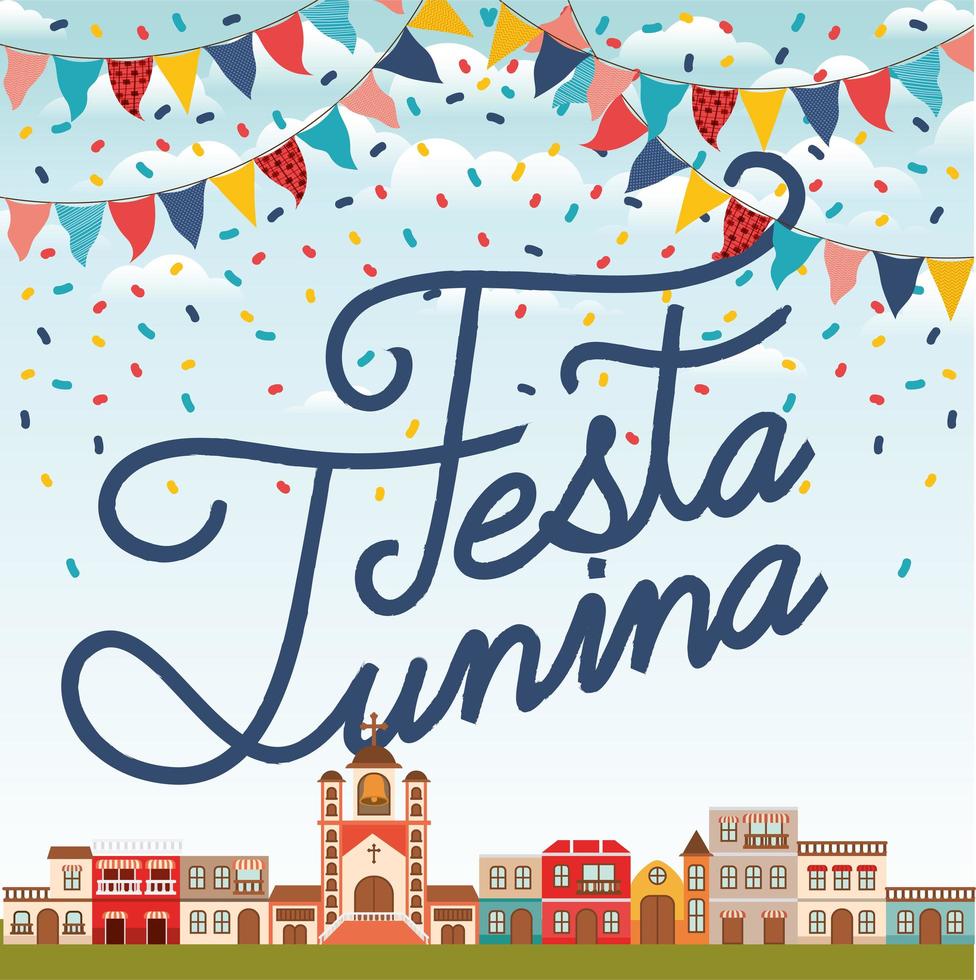 festa junina con escena de pueblo y guirnaldas. vector