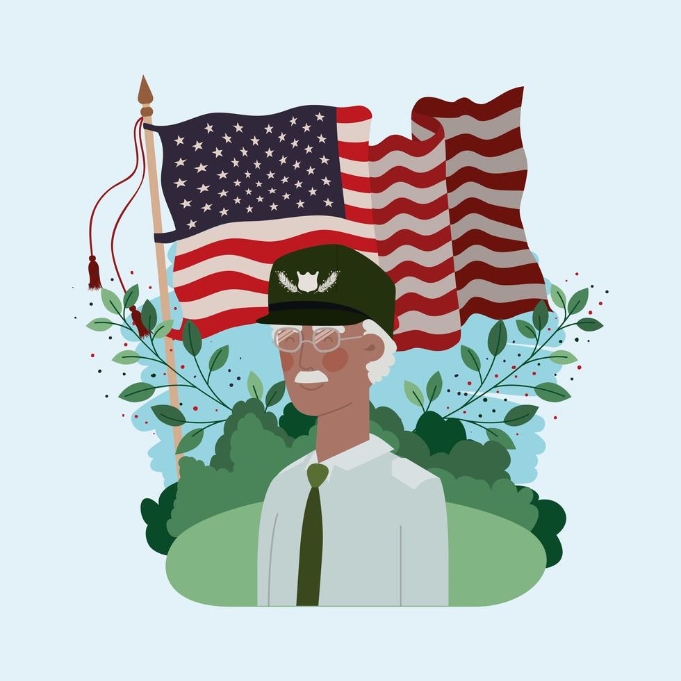 Afro veterano militar con bandera de Estados Unidos en el campo vector