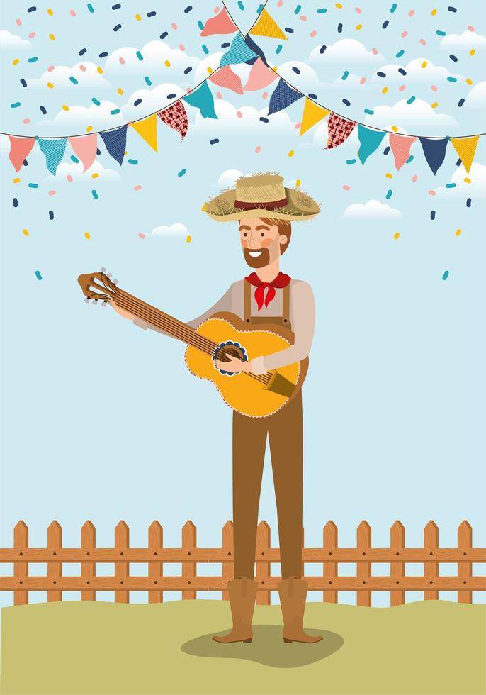 young farmer playing guitar with garlands and fence vector