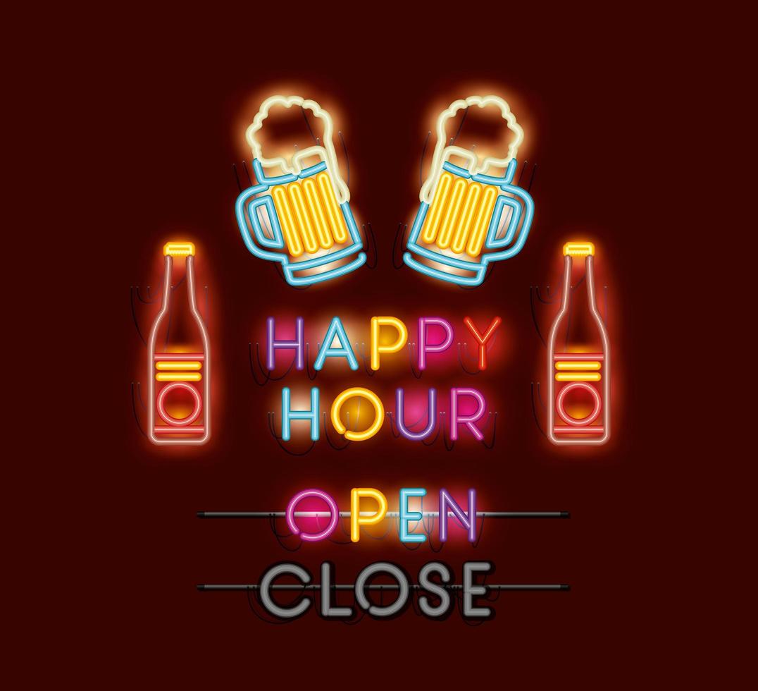 happy hour with beers fonts neon lights vector