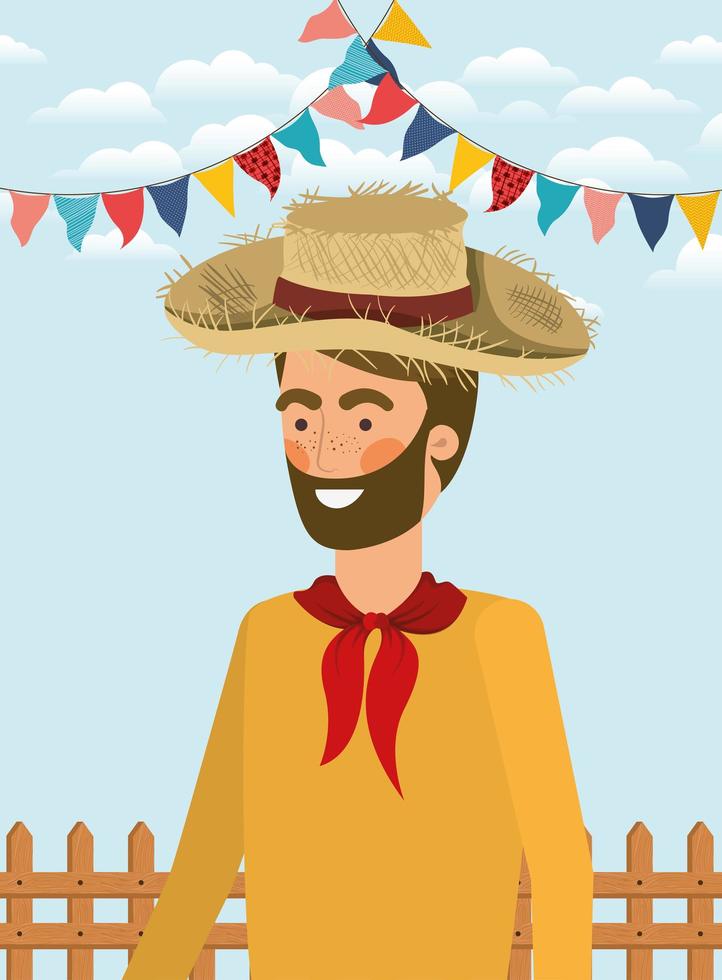 young farmer celebrating with garlands and fence vector