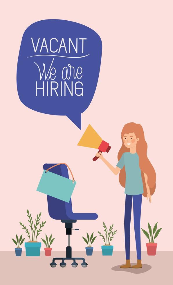 woman using megaphone with we are hiring message vector