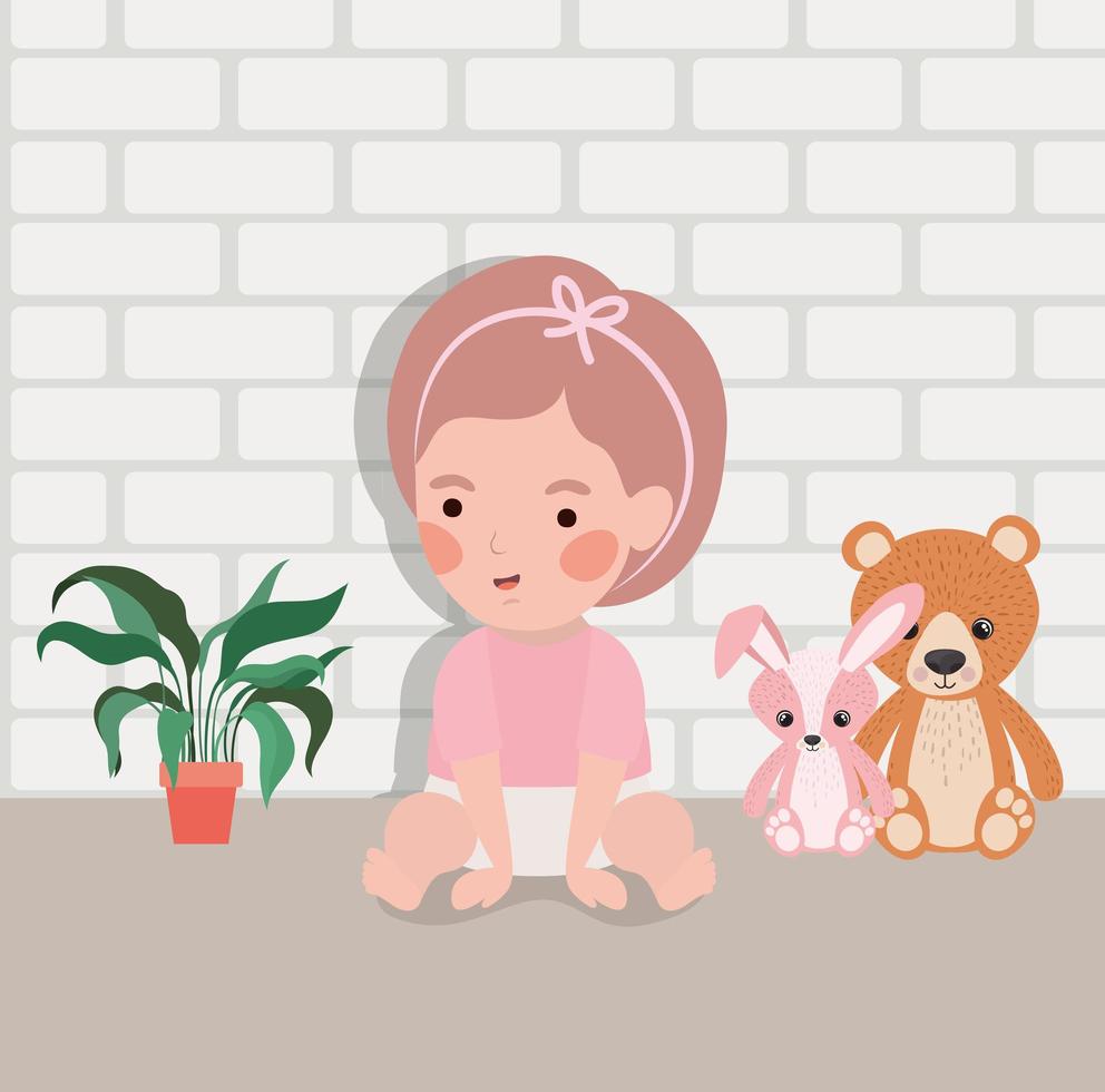 little baby girl with stuffed toys character vector