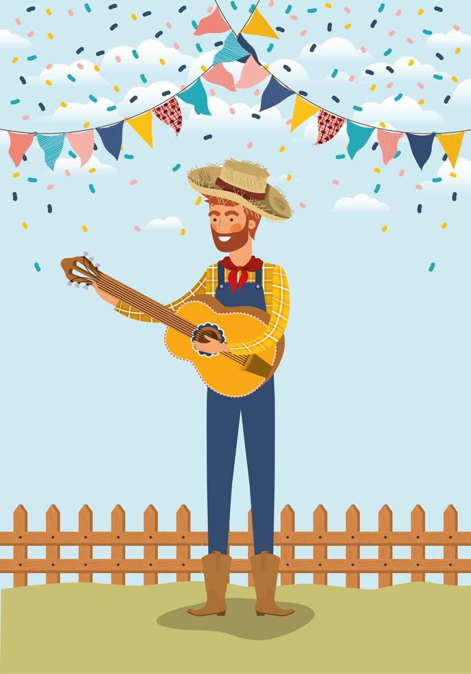 young farmer playing guitar with garlands and fence vector