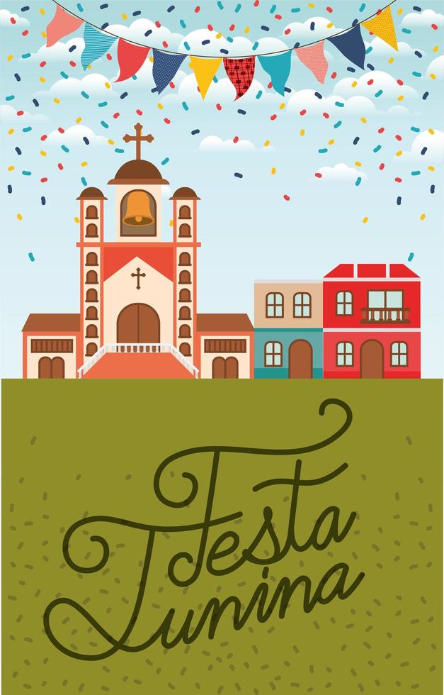 festa junina con escena de pueblo y guirnaldas. vector