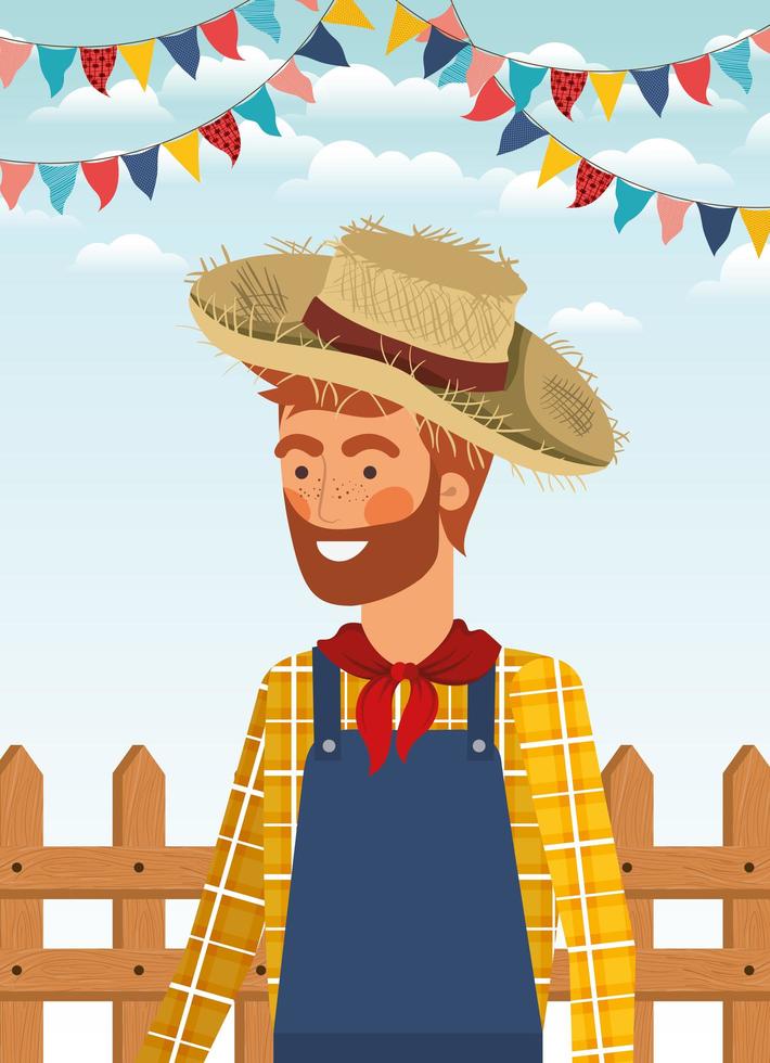 joven agricultor celebrando con guirnaldas y valla. vector