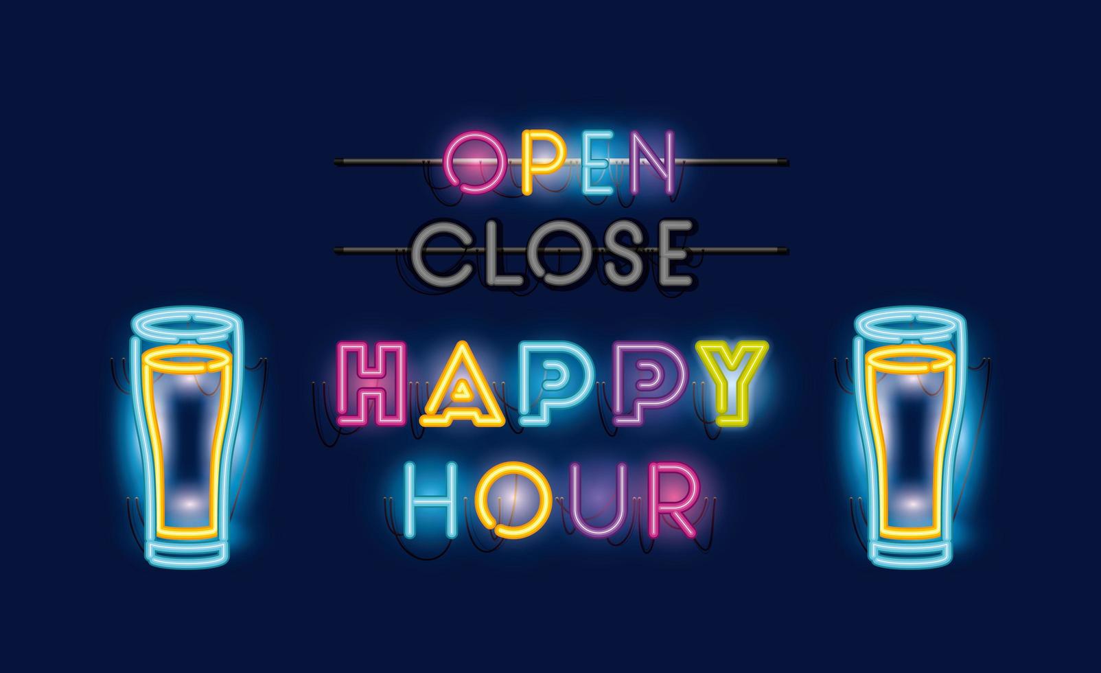 happy hour with beer jars fonts neon lights vector