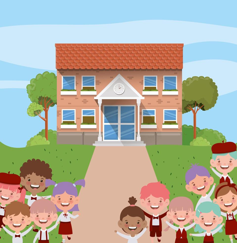 school building with interracial kids vector