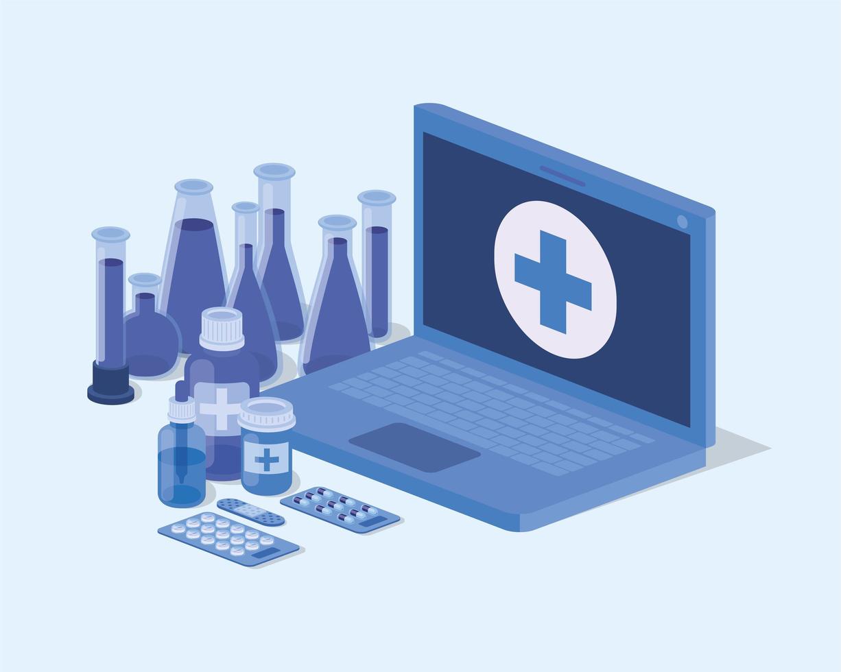 laptop telemedicine service with test tubes vector