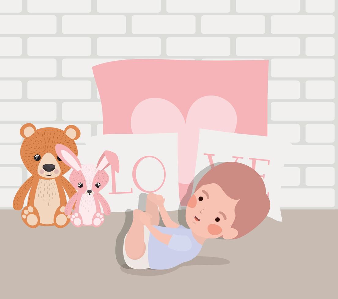 little baby boy with stuffed toys character vector