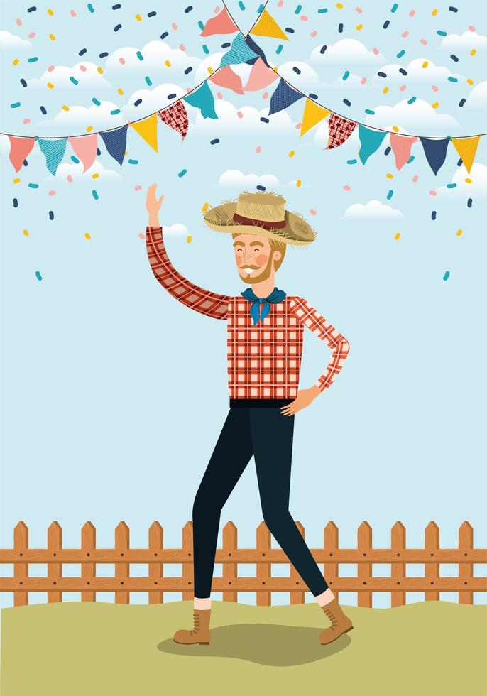 young farmer celebrating with garlands and fence vector