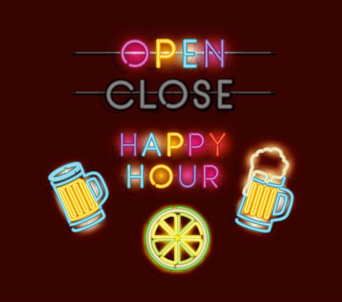 happy hour with beers fonts neon lights vector