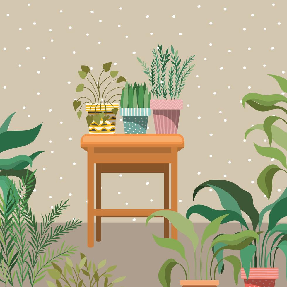Plantas de interior en una silla de madera, escena de jardín vector