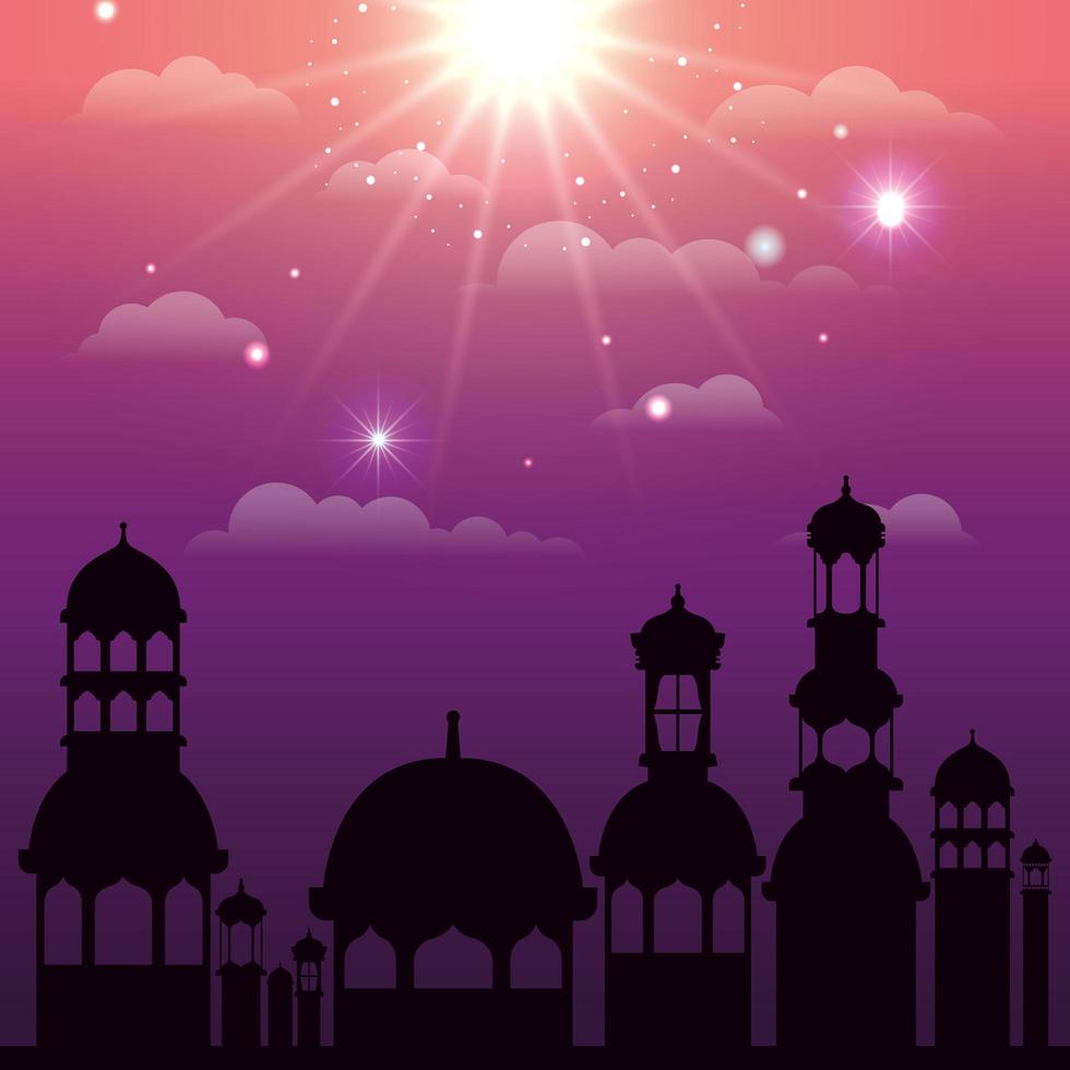 ramadan kareem cityscape silhouette scene vector