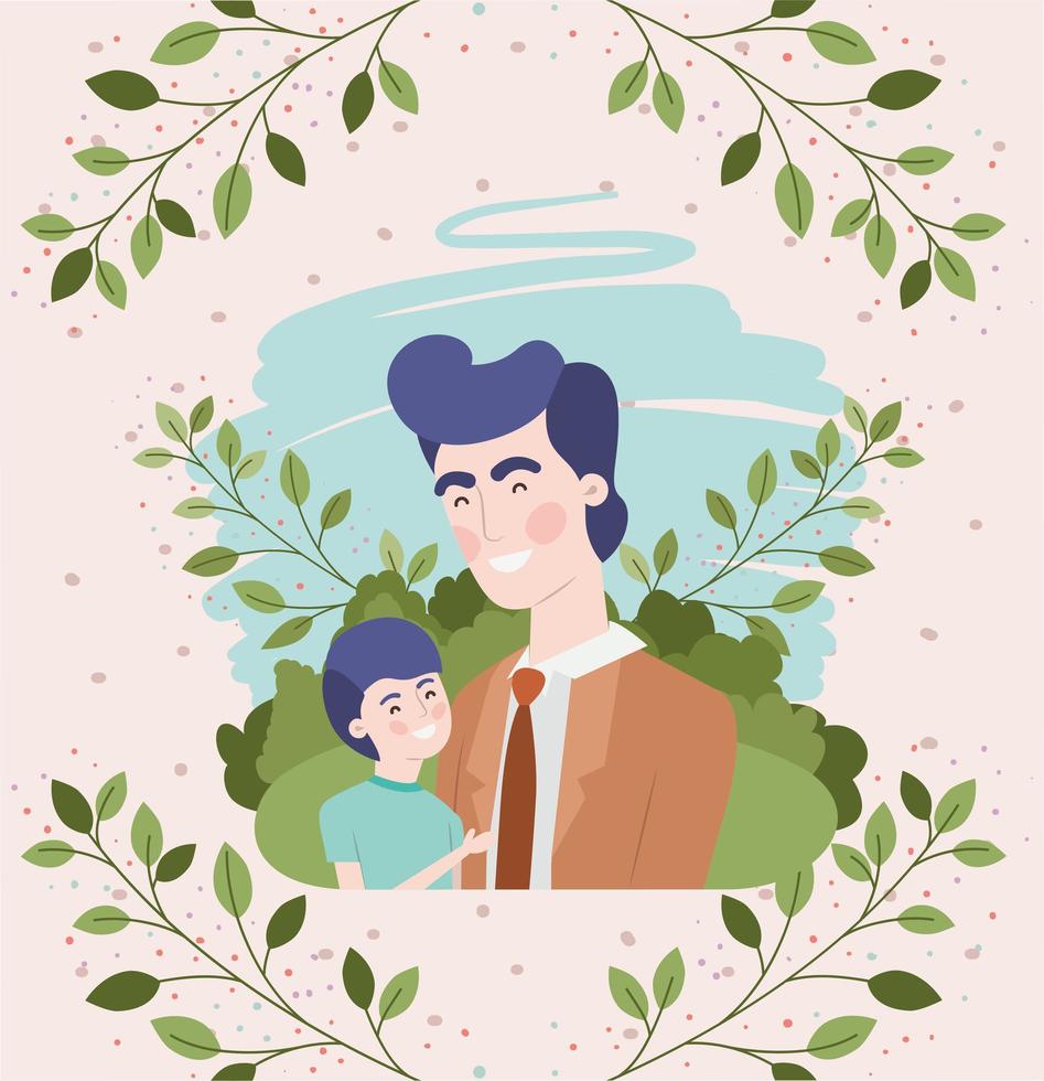 happy fathers day card with dad and son characters vector