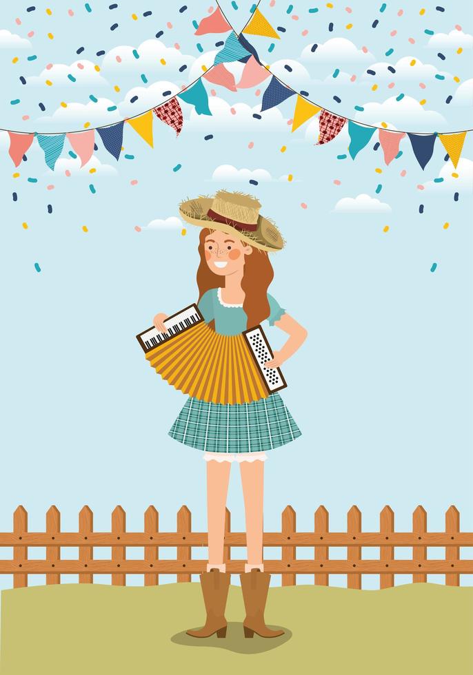 female farmer playing accordion with garlands and fence vector